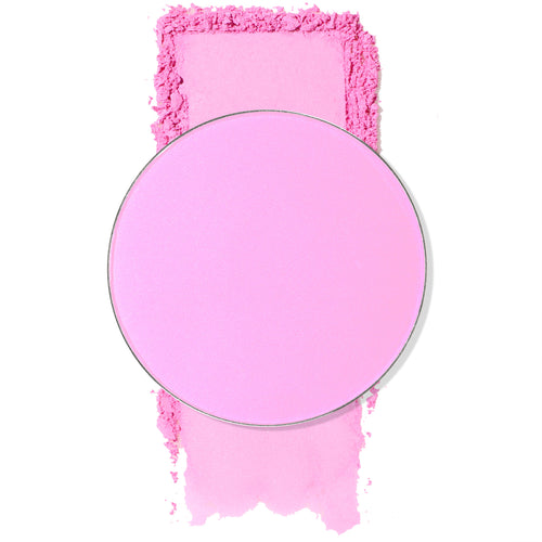 Flamingo pressed powder blush single pan showcases a vibrant cool pink shade; ColourPop Pressed Powder Blush Single, circular refill set over a crushed swatch on a white background, emphasizing cheek pigment.