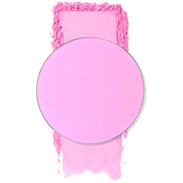 Flamingo pressed powder blush single pan showcases a vibrant cool pink shade; ColourPop Pressed Powder Blush Single, circular refill set over a crushed swatch on a white background, emphasizing cheek pigment.