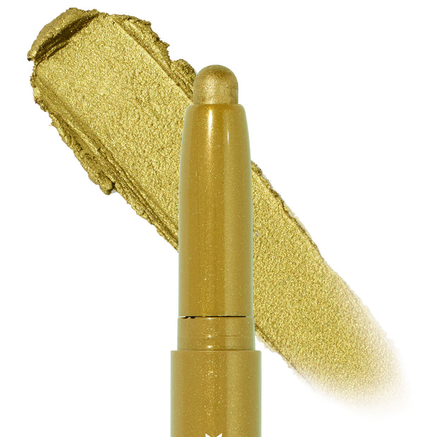 ColourPop Shadow Stix in Flex, a twist-up cream eyeshadow stick, swipes a metallic olive-gold shimmer, shown with a bold swatch beside the crayon tip on a white background.