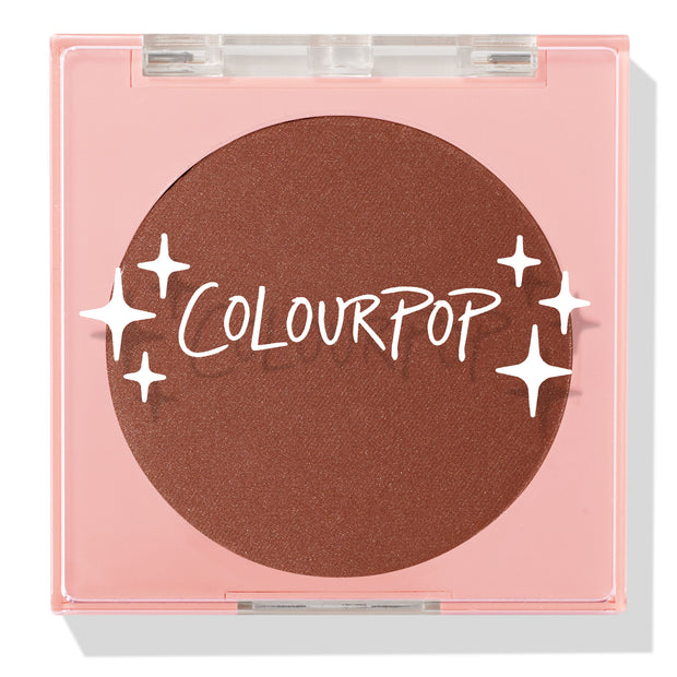 Full Throttle ColourPop Pressed Powder Blush compact sits closed, revealing a large warm terracotta pan inside a pink square case with a clear lid and white ColourPop logo with star accents, product photographed on a white background.