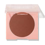 Full Throttle pressed powder blush sits in a pastel pink compact with a clear half-closed lid, revealing a warm copper-brown pan with a soft satin finish on a white background - ColourPop Pressed Powder Blush.