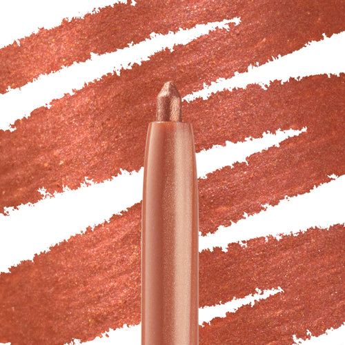 Get Lucid crème gel liner pencil twists up to reveal a shimmering rose-gold tip, set against bold matching swatches that show its metallic payoff; ColourPop Crème Gel Liner in a coppery peach shade for precise eye definition.