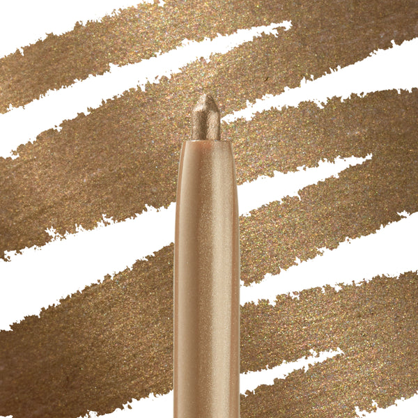 Hit The Jackpot ColourPop Crème Gel Liner tip glides a metallic bronze-gold line, shown close up with creamy, shimmering swatches streaked across the background to highlight the shade and smooth payoff.