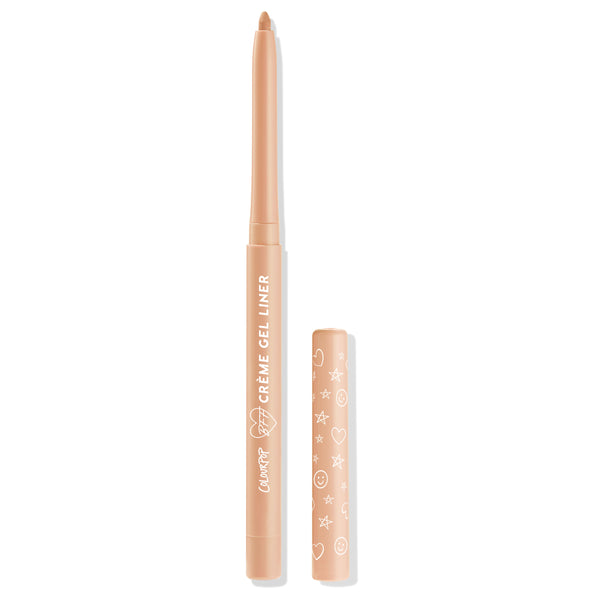 ColourPop Crème Gel Liner Honeydude shown uncapped, twist-up nude beige eyeliner with rounded tip standing upright on a white background, its peach cap set beside it with white heart, star, and smiley doodles.