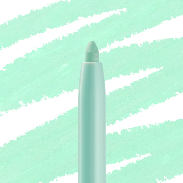 ColourPop Crème Gel Liner Ice Breaker stands upright with its rounded tip exposed, displaying a creamy pastel mint eyeliner shade against matching mint swatch strokes on a white background.