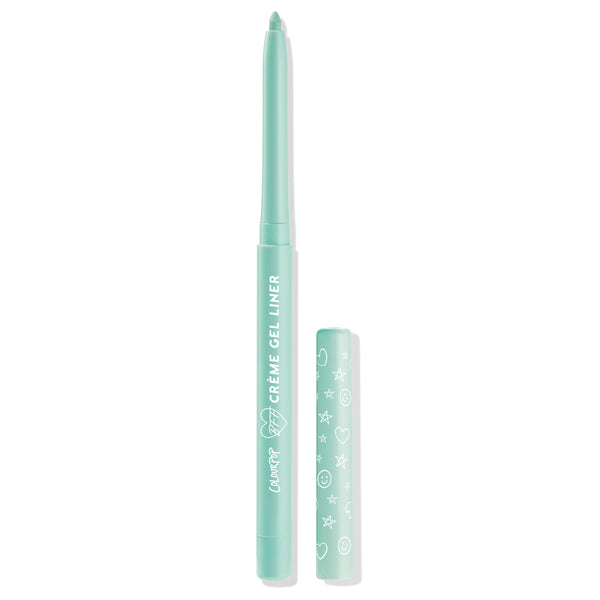 Ice Breaker ColourPop Crème Gel Liner stands uncapped with its twist-up mint-green tip extended, mint tube showing “CRÈME GEL LINER” text, cap beside with white heart, star, and smiley icons on a clean white backdrop.