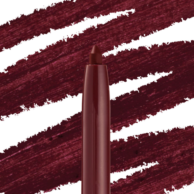 ColourPop Joy Ride Crème Gel Liner pencil stands with tip exposed, revealing a smooth wine-burgundy shade against bold diagonal swatches of the same color on white; ColourPop Crème Gel Liner for precise eye definition.