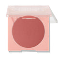ColourPop Pressed Powder Blush in Just Cruisin' opens to reveal a large matte rose pan in a peach square compact with a clear lid half-closed, shown in a clean studio shot on white.