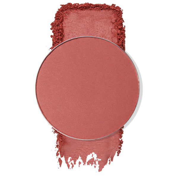 Just Cruisin' ColourPop Pressed Powder Blush Single pan displays a warm rosy terracotta matte shade, set over a crushed swatch that shows smooth, blendable pigment on a white background.
