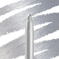 ColourPop Crème Gel Liner in Kicker, a retractable metallic silver eyeliner, shown with the tip extended and drawing bold shimmering swatches across a white-and-silver backdrop; smooth, long-wear formula for precise lines.