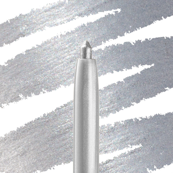 ColourPop Crème Gel Liner in Kicker, a retractable metallic silver eyeliner, shown with the tip extended and drawing bold shimmering swatches across a white-and-silver backdrop; smooth, long-wear formula for precise lines.