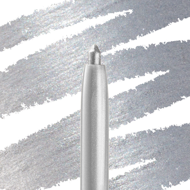 ColourPop Crème Gel Liner in Kicker, a retractable metallic silver eyeliner, shown with the tip extended and drawing bold shimmering swatches across a white-and-silver backdrop; smooth, long-wear formula for precise lines.