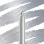 ColourPop Crème Gel Liner in Kicker, a retractable metallic silver eyeliner, shown with the tip extended and drawing bold shimmering swatches across a white-and-silver backdrop; smooth, long-wear formula for precise lines.
