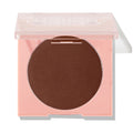 Latte Run ColourPop Pressed Powder Blush presents a rich mocha-brown matte pan in a peach-pink square compact, the clear lid half open to reveal the shade, photographed on a clean white background.