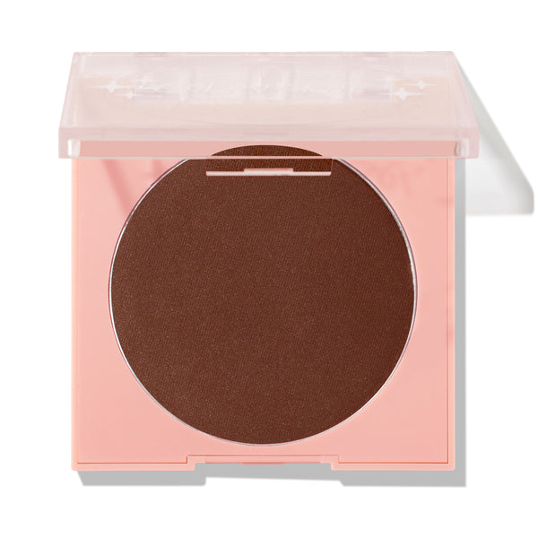Latte Run ColourPop Pressed Powder Blush presents a rich mocha-brown matte pan in a peach-pink square compact, the clear lid half open to reveal the shade, photographed on a clean white background.