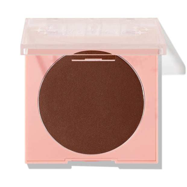 Latte Run ColourPop Pressed Powder Blush presents a rich mocha-brown matte pan in a peach-pink square compact, the clear lid half open to reveal the shade, photographed on a clean white background.