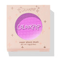 Lil Vibe Super Shock Blush by Colourpop, a vivid cool-toned fuchsia blush in a textured pan, showing through a circular cutout in a peach box with star designs and branding, ideal for Shop All Colourpop makeup collections.
