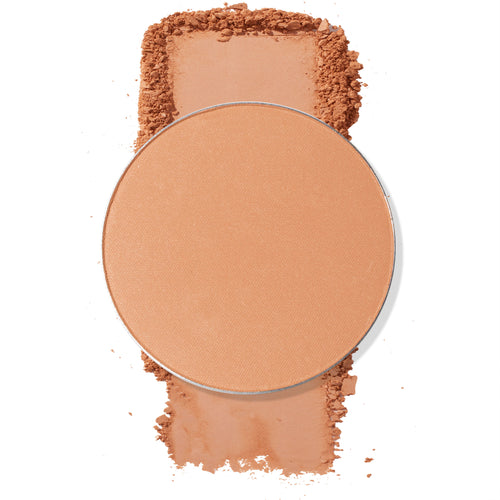 Miramar Beach bronzer pan showcasing a smooth matte warm tan shade, with crushed powder swatched above and below on a white background, ColourPop Pressed Powder Bronzer Single ideal for sun-kissed warmth and contour.