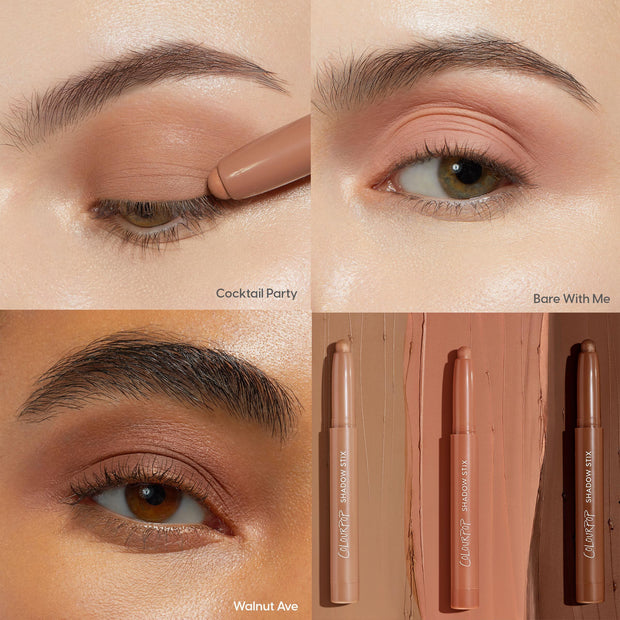ColourPop Shadow Stix Matte Nudes shown in a 4-panel grid: close-ups of lids wearing Cocktail Party, Bare With Me, and Walnut Ave, with three neutral matte eyeshadow sticks displayed on matching nude paint swatches.