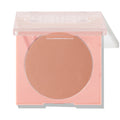 Out & About ColourPop Pressed Powder Blush showcases a warm peachy nude matte shade in a soft pink square compact, its clear lid half-open, on a white studio background.
