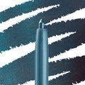 Outer Space ColourPop Crème Gel Liner tip twisting up, laying down a deep teal blue‑green shimmer, with bold swatch streaks behind on a dark sparkly backdrop to showcase the creamy gel liner shade.