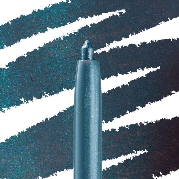 Outer Space ColourPop Crème Gel Liner tip twisting up, laying down a deep teal blue‑green shimmer, with bold swatch streaks behind on a dark sparkly backdrop to showcase the creamy gel liner shade.