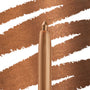 ColourPop Crème Gel Liner in Overboard, a retractable eyeliner, shows a metallic copper-bronze tip with fine shimmer against bold diagonal swatches of the same shade, highlighting its creamy, pigmented, long-wearing finish.