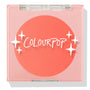 Papaya pressed powder blush sits as a vivid coral pan in a closed translucent pink square compact, featuring the COLOURPOP logo and white star accents; ColourPop Pressed Powder Blush for a warm, bright cheek flush.