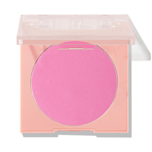 Pitaya ColourPop Pressed Powder Blush compact showcasing a bright cool-pink pan, housed in a peach square case with a translucent half-closed lid, shot against a clean white background.