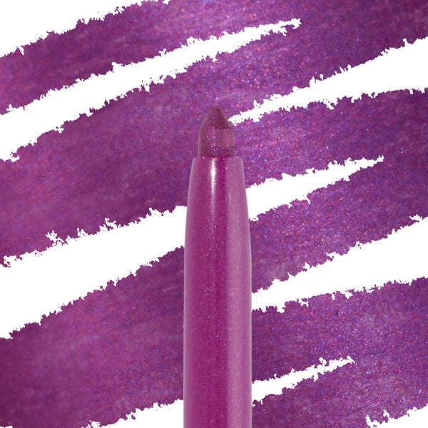 Plum Smash ColourPop Crème Gel Liner pencil with the tip extended showcases a shimmering plum-purple shade with fine sparkle, set against bold matching swatch streaks to highlight creamy, high-pigment payoff for precise eye lining.