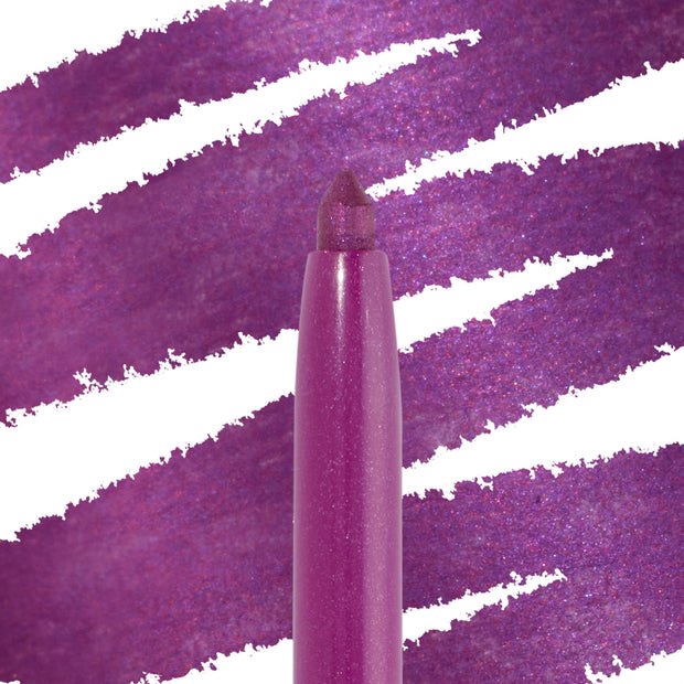 Plum Smash ColourPop Crème Gel Liner pencil with the tip extended showcases a shimmering plum-purple shade with fine sparkle, set against bold matching swatch streaks to highlight creamy, high-pigment payoff for precise eye lining.