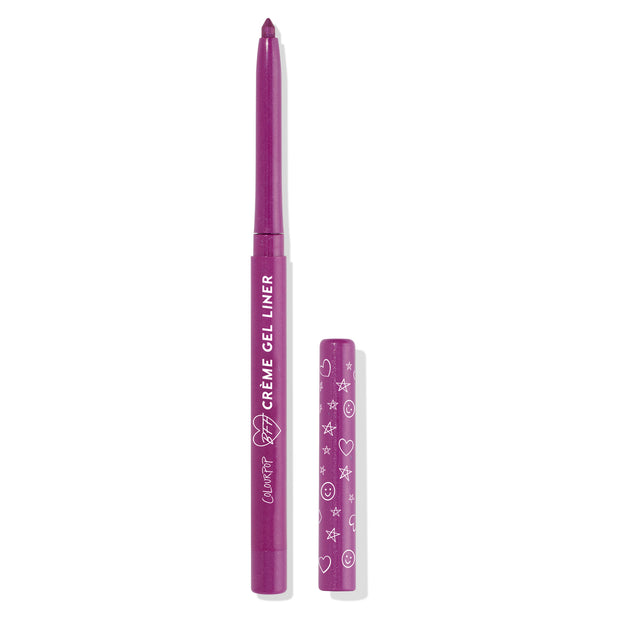 ColourPop Crème Gel Liner in Plum Smash stands uncapped, revealing a twist-up plum tip, with a matching cap printed with white stars and hearts set beside it on a white background.