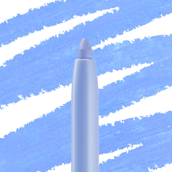 Prance Crème Gel Liner tip extends from a slim twist-up pencil, laying a pastel periwinkle swipe over diagonal blue swatches; ColourPop Crème Gel Liner delivers smooth, creamy pigment for precise waterline or winged looks.