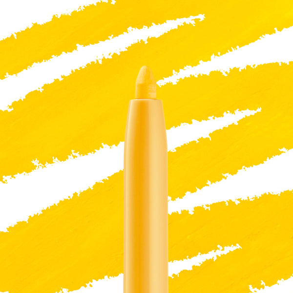 Punch Crème Gel Liner, a twist-up ColourPop Crème Gel Liner, vivid sunshine-yellow tip extended from a matching yellow barrel, poised to glide color, with bold diagonal yellow swatches in the background.