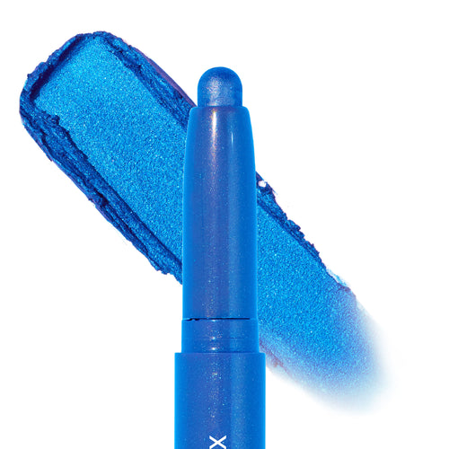 Rain Check Shadow Stix by ColourPop deposits a bold metallic cobalt-blue swatch behind the rounded tip, highlighting the creamy shimmer formula of this ColourPop Shadow Stix in a close-up studio shot on a white background.