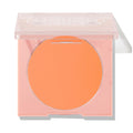 Roxbury Dr ColourPop Pressed Powder Blush compact showing a matte peach-orange pan, lid half-closed, in a light pink square case with clear top on a white background.