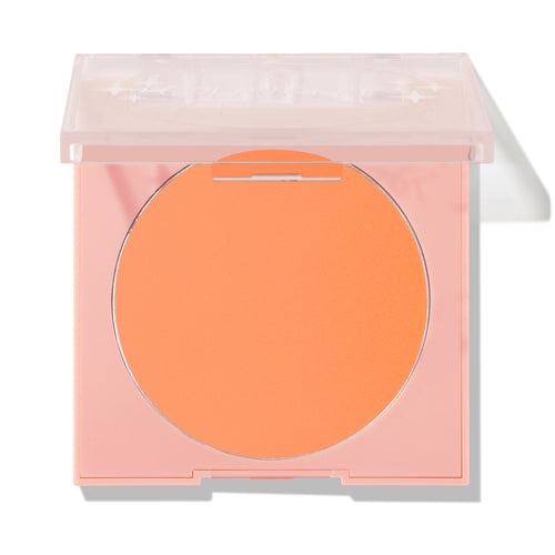 Roxbury Dr ColourPop Pressed Powder Blush compact showing a matte peach-orange pan, lid half-closed, in a light pink square case with clear top on a white background.