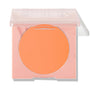 Roxbury Dr ColourPop Pressed Powder Blush compact showing a matte peach-orange pan, lid half-closed, in a light pink square case with clear top on a white background.