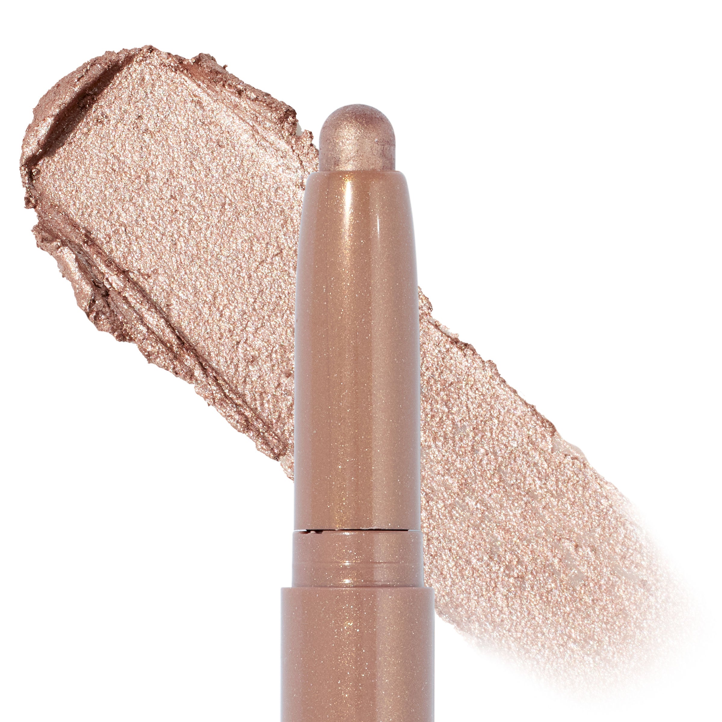 ColourPop Shadow Stix in Socialite glides on as a creamy, twist-up eyeshadow stick, depositing a metallic champagne-nude shimmer; product tip shown with a wide swatch of the pearly formula on a white background.