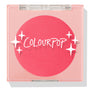 Staycation ColourPop Pressed Powder Blush compact, closed, showing a vivid coral-pink round pan under a clear square lid with white sparkle graphics and ColourPop logo, shot on a white background with a soft shadow.
