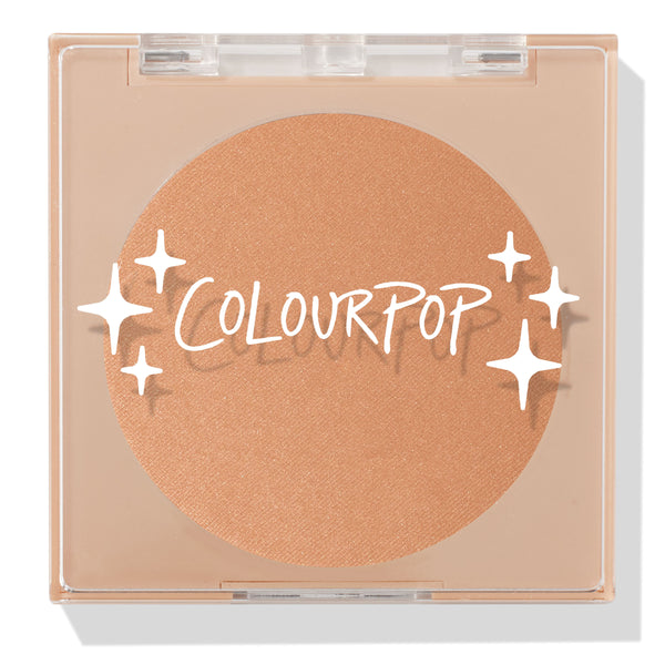 ColourPop Pressed Powder Bronzer in Summerland Beach shown closed, warm golden-tan pan inside a clear square compact with white sparkle graphics and ColourPop logo, set against a clean white background.