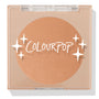 ColourPop Pressed Powder Bronzer in Summerland Beach shown closed, warm golden-tan pan inside a clear square compact with white sparkle graphics and ColourPop logo, set against a clean white background.