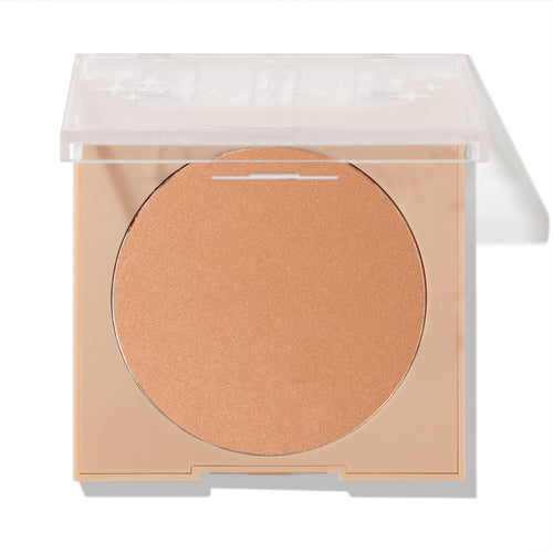 Summerland Beach pressed powder bronzer by ColourPop opens to reveal a large warm tan pan in a nude square compact with a half-open clear lid, ColourPop Pressed Powder Bronzer product shot on a white studio background.