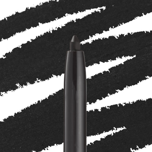 ColourPop Crème Gel Liner in Swerve drawing bold matte-black strokes, shown as a twist-up eyeliner tip against a backdrop of thick black swatches, highlighting creamy, long-wearing, smudge-proof formula for precise eye definition.