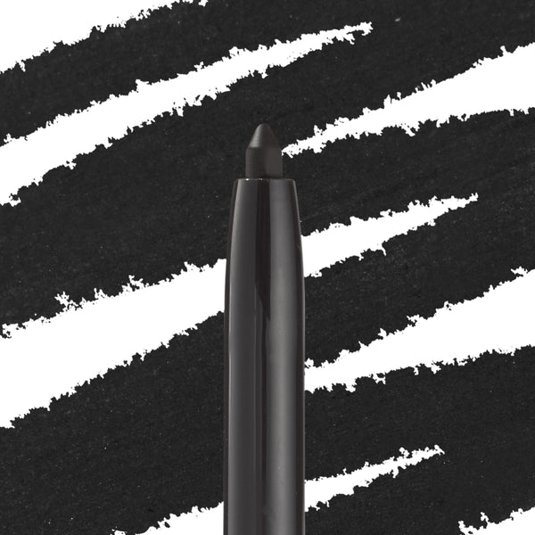 ColourPop Crème Gel Liner in Swerve drawing bold matte-black strokes, shown as a twist-up eyeliner tip against a backdrop of thick black swatches, highlighting creamy, long-wearing, smudge-proof formula for precise eye definition.