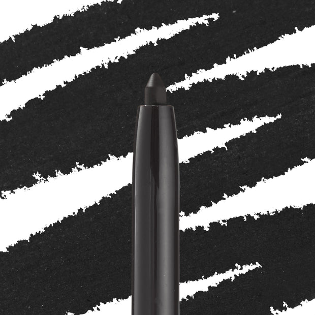 ColourPop Crème Gel Liner in Swerve drawing bold matte-black strokes, shown as a twist-up eyeliner tip against a backdrop of thick black swatches, highlighting creamy, long-wearing, smudge-proof formula for precise eye definition.