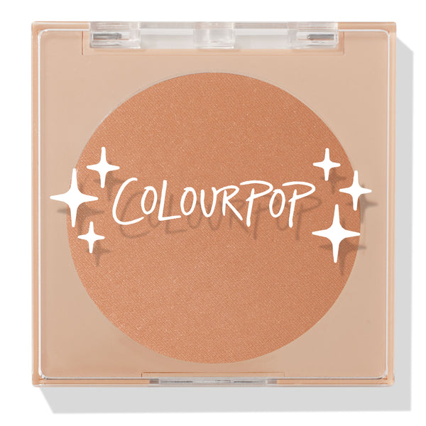ColourPop Pressed Powder Bronzer in Talk to the Palm, a warm matte tan shade, sits in a clear-lidded square nude compact with white ColourPop logo and star accents, shown closed to display the full round pan.