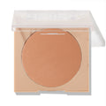 Talk to the Palm ColourPop Pressed Powder Bronzer displaying a warm tan round pan in a nude square compact, clear lid half open, centered on a white background.