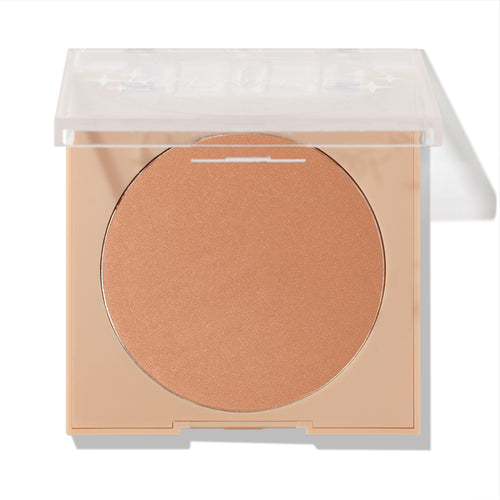 Talk to the Palm ColourPop Pressed Powder Bronzer displaying a warm tan round pan in a nude square compact, clear lid half open, centered on a white background.