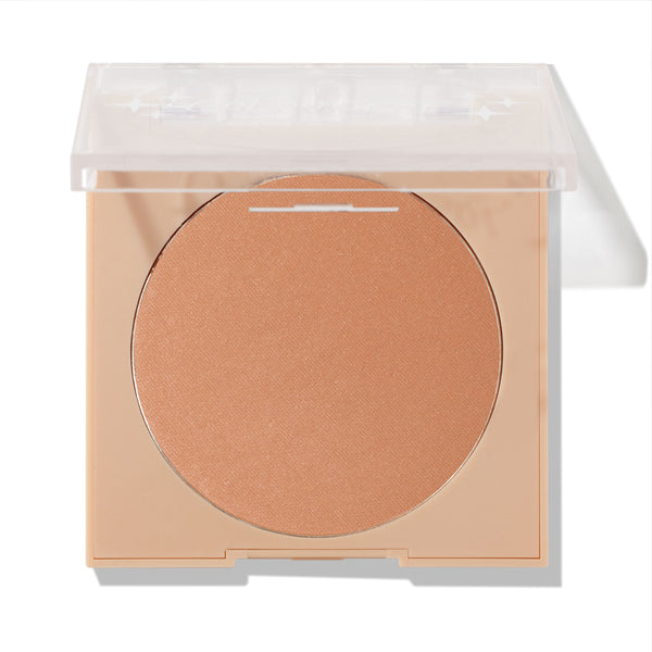 Talk to the Palm ColourPop Pressed Powder Bronzer displaying a warm tan round pan in a nude square compact, clear lid half open, centered on a white background.